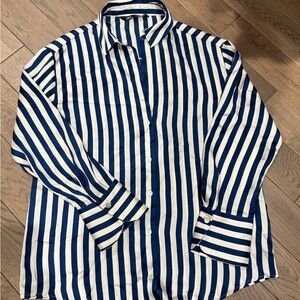Zara Satin Effect Striped Blue and White Shirt